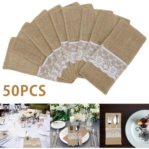 50Pcs Burlap Lace Cutlery Pouch Wedding Tableware Party Supplies Holder Bag Hessian Rustic Jute Table Decoration Accessories