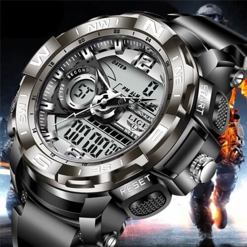 Mens Watches LIGE Sport Men Quartz Wristwatch Creative Diving Waterproof Alarm Watch Dual Display Clock Relogio Masculino +Box