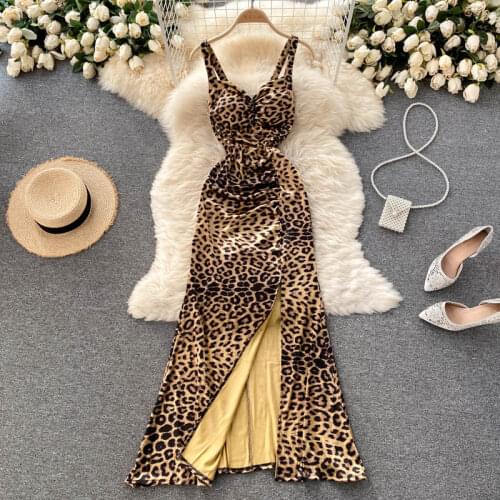 Dress Summer New Style Retro Leopard Print Sexy V-neck Drape Slim Long Split Suspender Skirt