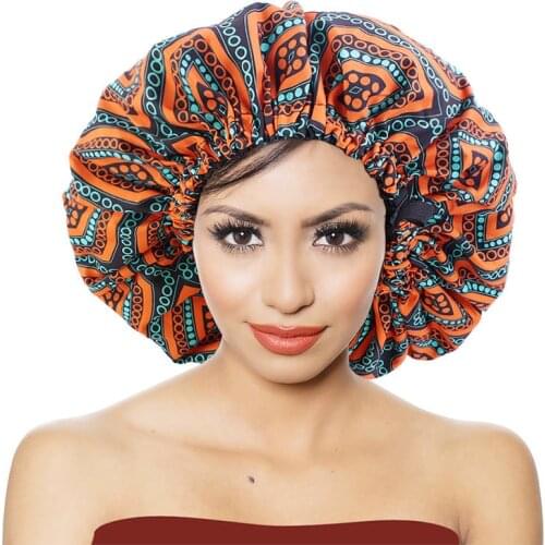 Big Size Double Layer Satin Bonnet Women African Print Silky Night Sleep Cap Adjustable Elastic Band Salon Make Up Head Cover