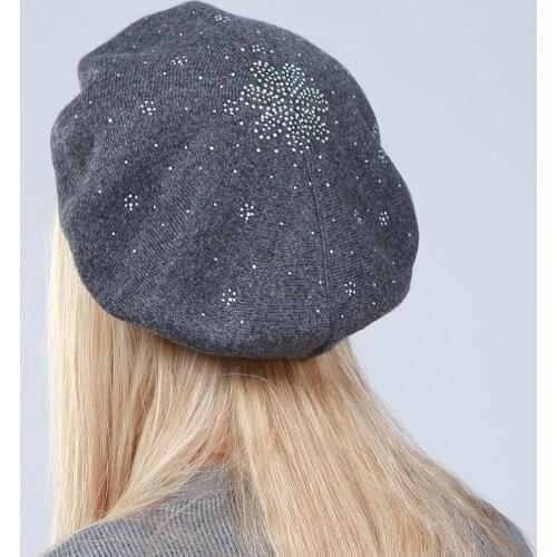 Geebro Womens Berets Hat Fashion Solid Color Wool Knitted Berets With Rhinestones Ladies French Artist Beanie Beret Hat GS108