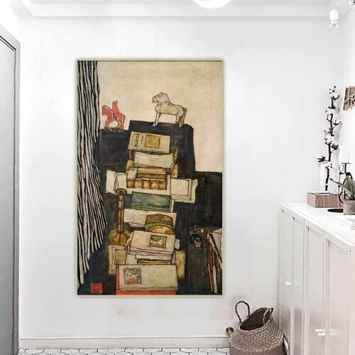 Citon Egon Schiele《Still Life with Books》Canvas Art Oil Painting Artwork Poster Picture Wall Decor Home Living room Decoration