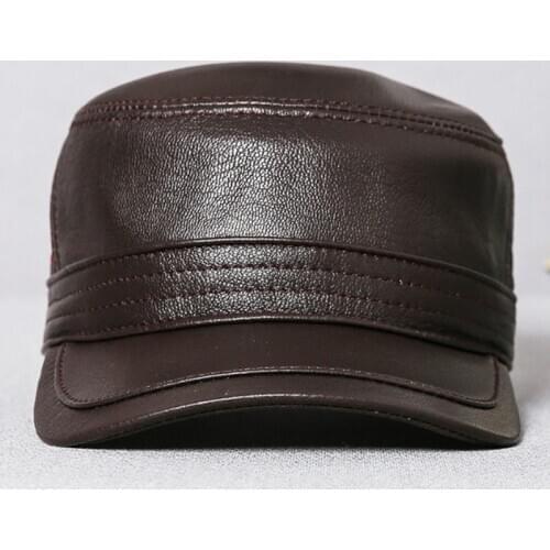 New Army Military Hats For Men Natural Genuine Leather Caps Male Bone Mens Flat Cap Adjustable Size Brand Sheepskin Leather Hat