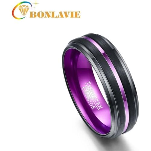 BONLAVIE Tungsten carbide mens ring 7-12 8MM galvanized black matte finish purple grooved step small bevel wedding jewelry male