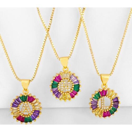 Round Rainbow Zircon Choker Necklaces For Women Alphabet Pendant Letter Initial Necklace Gold Chain Collier Femme