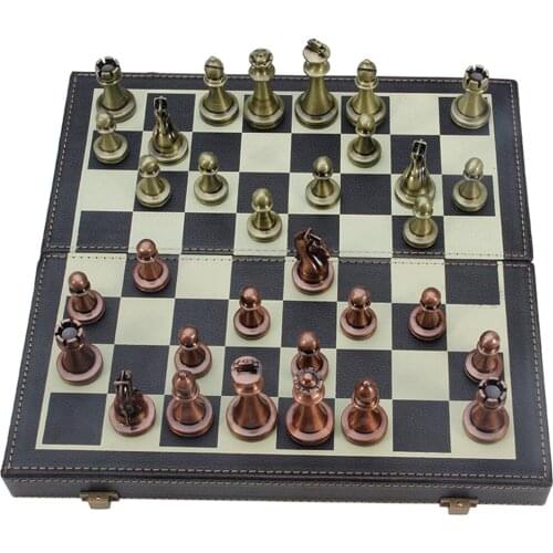International Chess Set w/ Folding Leather Case & Crafted Metal Chess Pieces