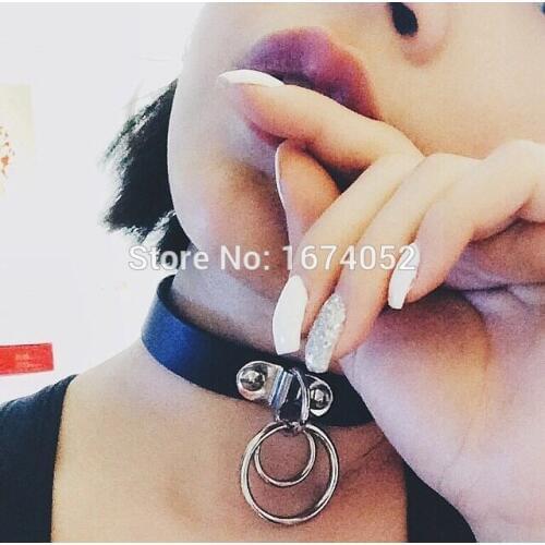 Fashion Handmade Punk Gothic Double O Shaped Metal Leather Button Jewelry Collar Choker Necklace