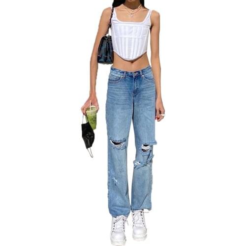 Trendy Women Worn-Out Ripped Adult High-Waist Flared Jeans Spring and Autumn Skinny Denim Flared Pants S / M / L / XL / XXL