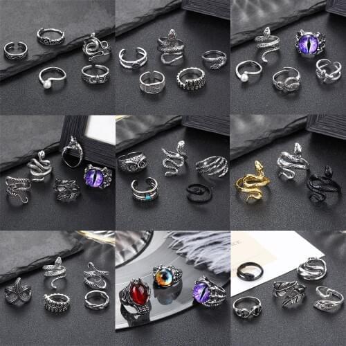 3pc 4pc 5pc Vintage Gothic Snake Rings Men Bull Head Skull Feather Dragon Cross Animal Men Ring Punk Jewelry Evil Eye Ball Ring