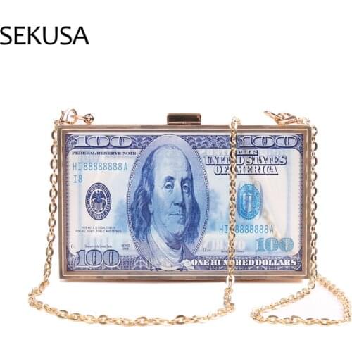 2021 New Dollar Money Design Acrylic Box Party Clutch Bag Small Crossbody Bag Women Shoulder Chain Bag Casual Purses Handbag