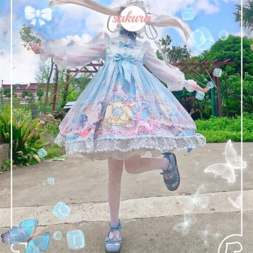 Japanese Summer New Sweet Lolita Style Soft Girl Camisole Dress Kawaii Bear Printing Ruffles Sleeveless Cute Bow Lace JSK Dresse