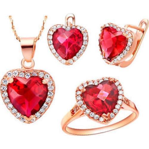 Wholesal Zircon Gem Noble Rich Ladies Rose Heart of Ocean Crystal Pendant Ring Earrings Necklace Jewelry Set choker