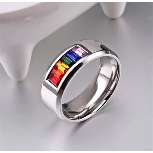 Wholesale Hot offers Titanium Steel Gay Pull Rainbow Couple Ring Colorful Cubic Zircon Stones Lovers Paired Boho Unix Mens Ring
