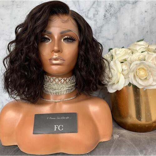Side Part Brazilian Human Hair Wigs Brown Full Lace Short Bob Water Wave 13x4 Lace Front Wigs For Women