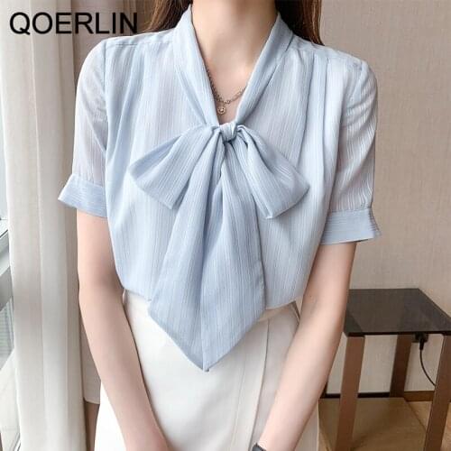 QOERLIN Bow Tie Shirt Women Summer Fashion Short Sleeve Sweet Casual Lace-Up Shirt Top Elegant Office Ladies Shirt Plus Size 2XL