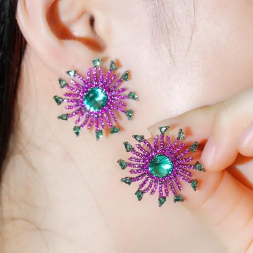 CWWZircons Luxury Fireworks Flower Full Mirco Paved Rose Red Cubic Zircon Crystal Big Stud Earrings Ladies Unique Jewelry CZ740