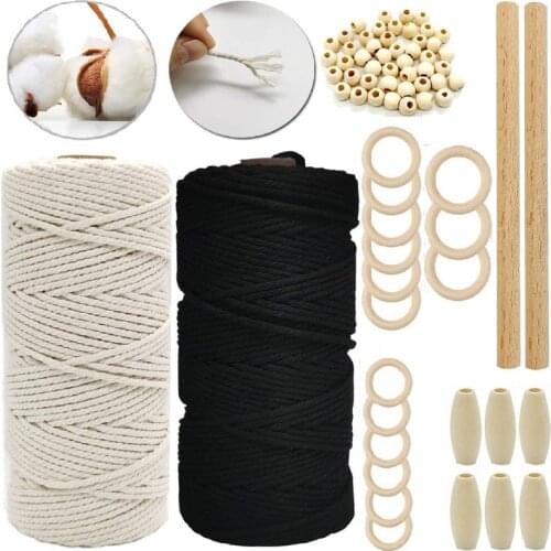 Macrame Cord Natural Cotton Rope 3mm with Wood Ring Wood Stick for DIY Teether Macrame Kit Wall Hanging Plant Hanger