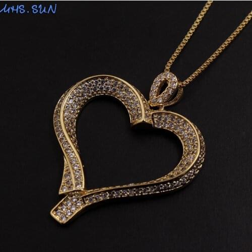 MHS.SUN luxury Women AAA Zircon Necklace With Heart Pendant Gold Chain Necklace CZ Crystal Jewelry For Valentines Day GIft