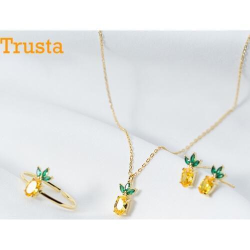 Trustdavis 100% 925 Sterling Silver Fruit Pineapple CZ Earring Ring Necklace For Women Girls Silver 925 Jewelry Wholesale DS846