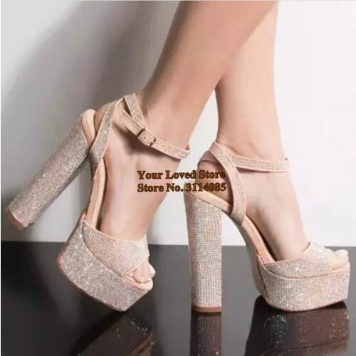Young Ladies Beige Bling Bling Party Shoes Chunky Heel Platform Dress Sandals Buckle Strap Wedding Heels Sky High Heel Pumps