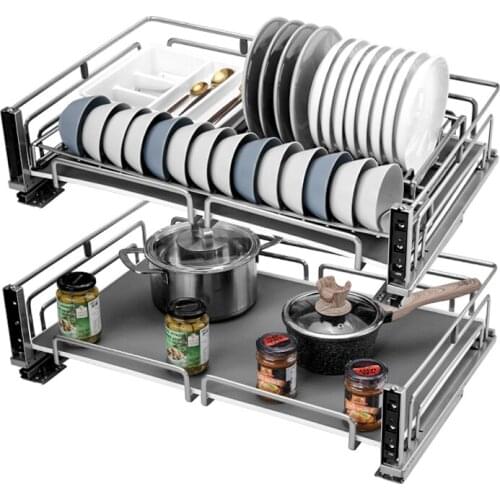 Pull basket kitchen cabinet storage drawer kitchen cabinet seasoning basket rack double 304 stainless steel bowl basket