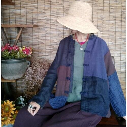 Women Linen Patchwork Contrast Color Jacket Coat Outwear Vintage Ladies Flax Loose Overcoat 2018 Autumn Spring Coat