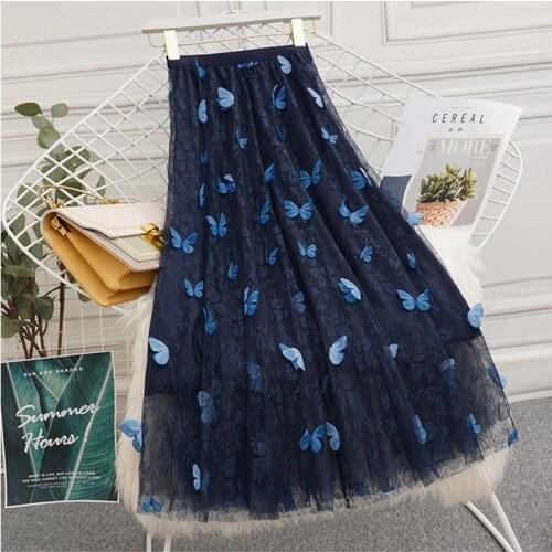 GIGOGOU 3D Butterfly Women Chiffon Skirts Embroidery Floweral Mesh Pleated Skirt 3 Layers Long Tulle Tutu Skirt Jupe Longue