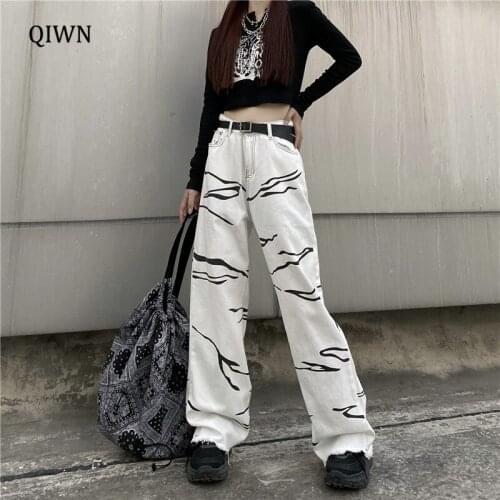 Goth Punk White Wave Burrs Pants Streetwear High Waist Buttons Loose Hip-Hop Women Jeans Y2K Harajuku Grunge Trousers