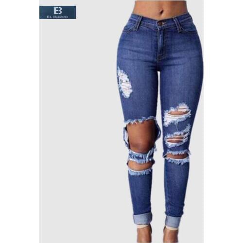 [EL BARCO] Cotton Ripped Holes Denim Jeans Female Mid Waist Long Blue Soft Breathable Skinny Pencil Pants Women Casual Trousers