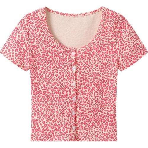 Sweet Girls Soft Cotton O Neck 2021 Summer Fashion Ladies Beach Style Women Pink Leopard Printed Floral Short Cardigan T-shirt