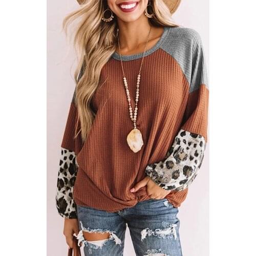 Autumn Color Block Long Sleeve Pullover Top Female Knotted Leopard Stitching Casual Loose Sweatshirt O-Neck Fashion 2021 New
