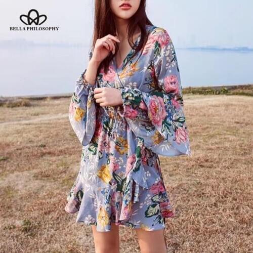 Bella Philosophy 2018 spring women long butterfly sleeve dress print V Neck loose female mini dress cotton sashes ruffles dress