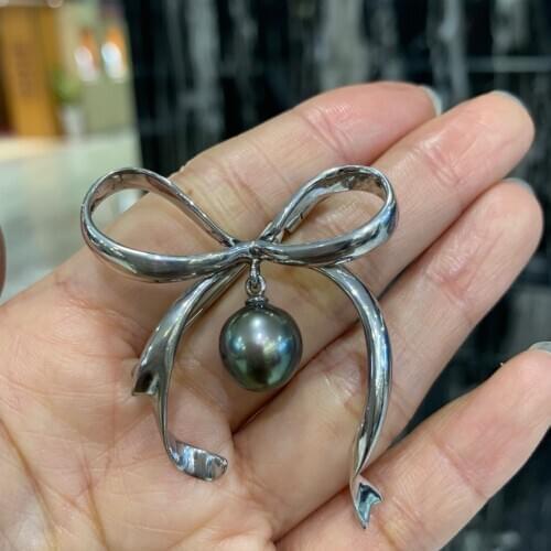 10.2MM natural tahiti black pearl brooch 925 sterling silver bowknot classic style genuine luxury fine women jewelry 38*45MM