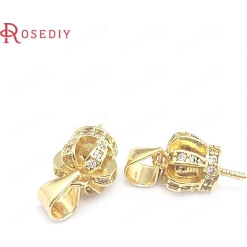 40405)4PCS 8MM 24K Gold Color Brass with Zircon Can Fit Half Hole Pearl Crown Necklaces Connector Diy Jewelry Making Supplies