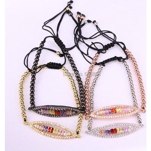 6PCS ZYZ-B0605 CZ Stone Oval Bar Shape Charm Macrame Bracelet Adjustable Rainbow Jewelry