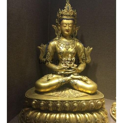 Antique Tibet Buddhism Bronze Gold Amitayus longevity God Goddess Buddha Statue