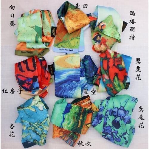 Women HeadscarVan Gogh Oil Painting Neck Tie Band Twill Silk Scarf Skinny Scarf Bag Ribbons Female Neck Tie Head Neck Tie