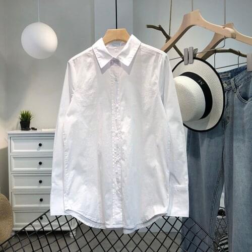 Cotton 100% White Women Shirts Summer New 2021 Loose Turn-Down Collar Office Lady Outwear Coats Tops
