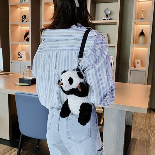 Kawaii Girls Cute Smile Black Panda Animal Shoulder Bag Soft Plush Doll Handbag For Girls Women