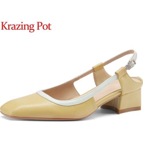 Krazing Pot genuine leather square toe med heel brand shoes buckle strap Korean street pretty girls dating cozy women pumps L01