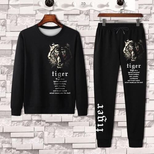 New Tiger Tiger Head Autumn/Winter Long Sleeve Sweater + Pants 2-piece Fashion Sports 3D Printing Suit Mens Clothes Trend