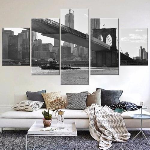 Wall Art Canvas Prints 5 Piece Landscape Painting New York City View Brooklyn Bridge in Black and White Poster Home Decoration