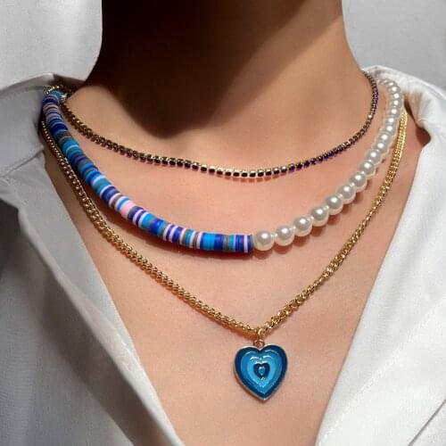 Bohemia Enamel Heart Pearl Soft Clay Beads Choker Necklace For Women Multi-layer Blue Crystal Tennis Chain Necklaces New Jewelry