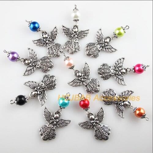 10 New Angel Wings Charms Mixed Glass Beads Pendants Tibetan Silver 23.5x43mm