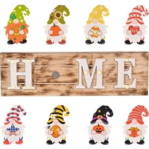 Interchangeable Home Sign for front Door with 8 Gnome Icons LED Light Wooden Door Hangers Farmhouse Front Porch Decor