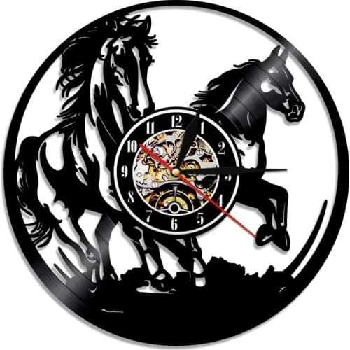 Horses LED Lighting Animals Vinyl Record Wall Clock Non-Ticking Horse Laser Etched Remote Controller Modern Quartz Clocks Watch