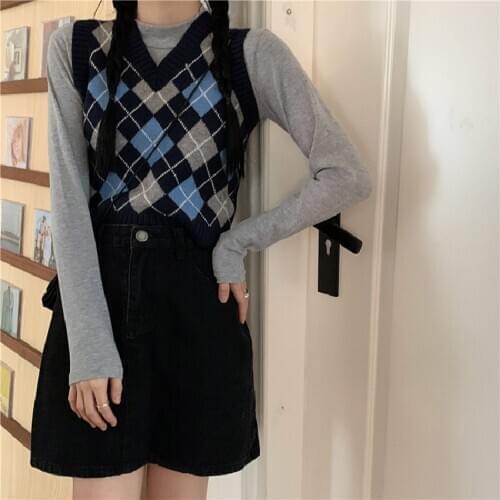 V Neck Vintage Argyle Sweater Vest Women Sleeveless Plaid Knitted Sweaters Ladies Casual Pull Autumn Spring Tops chaleco punto