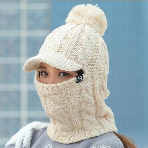 2018 Warm Neck Knit Hat Fur Pompoms Hat Mask Winter Hat For Girl Wool Knitted Hat Female Balaclava Caps Gorras Bonnet