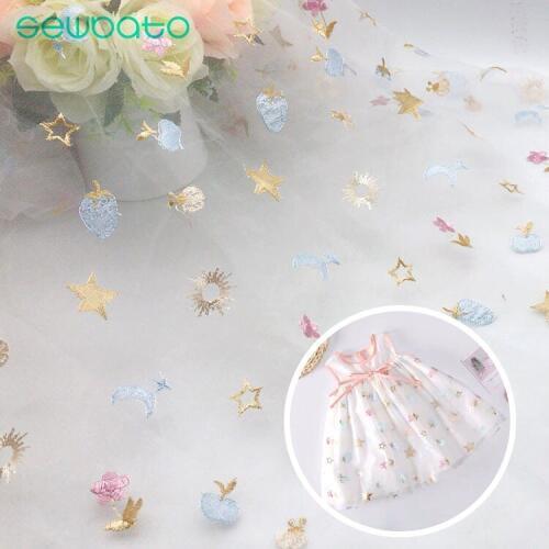 SEWBATO Cute Cartoon Embroidery Mesh Fabric 130cmx100cm Fruit Star Embroidery Cloth Womens Skirt Childrens Dress Fabric