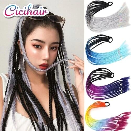 Box Braid Ponytail Extensions Ombre Synthetic Box Braids Hair For Kids Hairpiece With Rubber Band Pontail Grey Pink Rainbow 24"